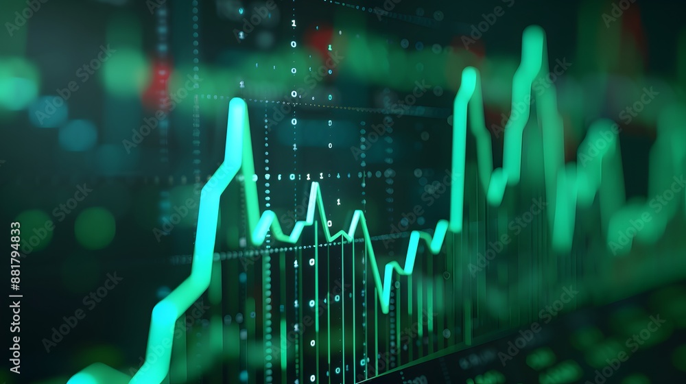 Poster close-up view of a vibrant financial graph showcasing stock market trends and data on a digital scre
