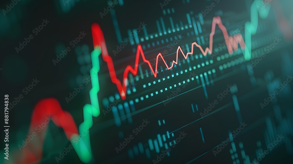 Poster close-up view of digital stock market chart displaying price fluctuations with red and green lines o