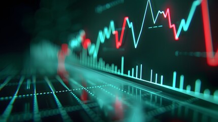 Fototapeta premium Digital finance chart showing stock market data trends with green and red lines, emphasizing investment and economic analysis. Abstract blur background.
