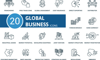 Global Business thin line icon set. Franchising, Free Trade Zone, Global Engagement, Cost Insurance, Direct Exporting, Distributor, Foreign Branch, Hard Currency, Industrial Goods, Market Potential
