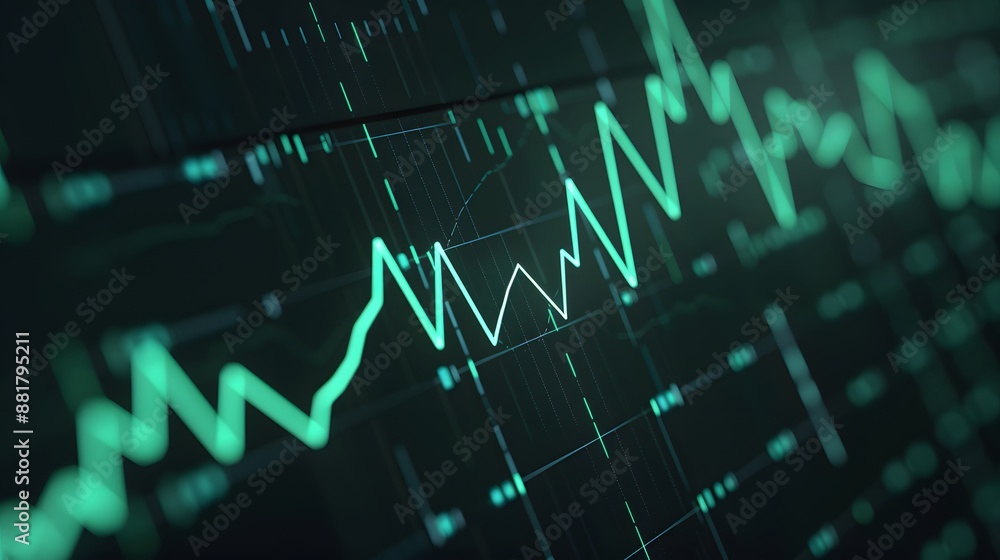 Poster digital stock market graph showing data analysis on a screen with green lines representing financial