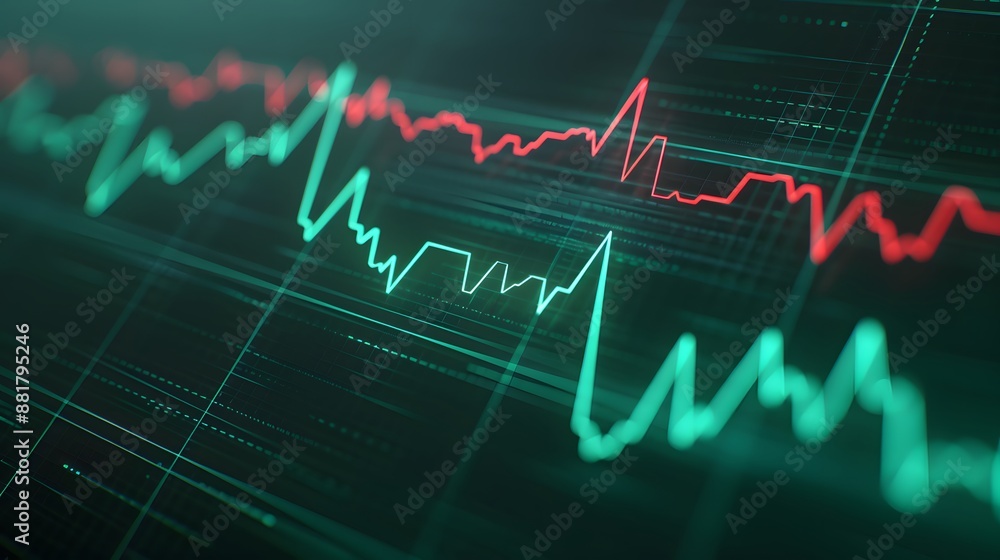 Poster digital stock market graph showing financial trends in green and red lines, representing trading dat