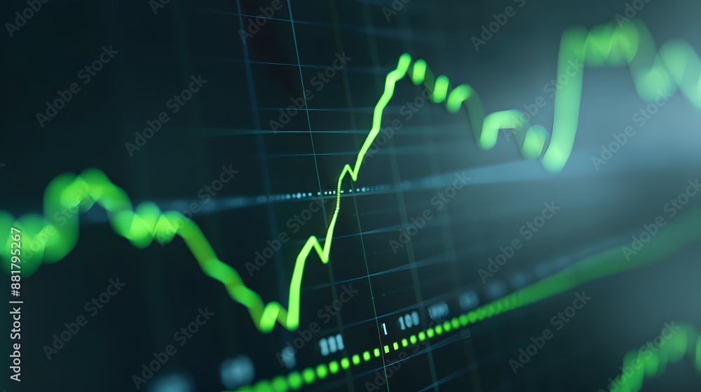 Poster digital stock market graph showing vertical financial data trends in green, emphasizing market perfo