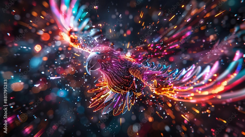Poster abstract digital art of a vibrant phoenix bird created with glowing neon lights and dynamic particle