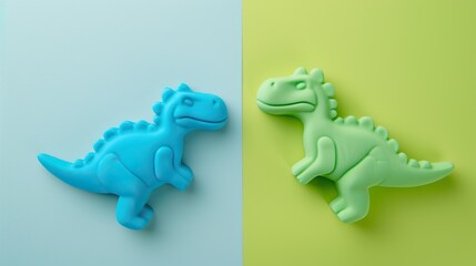 Two Colorful Rubber Dinosaur Toys on Blue and Green Background
