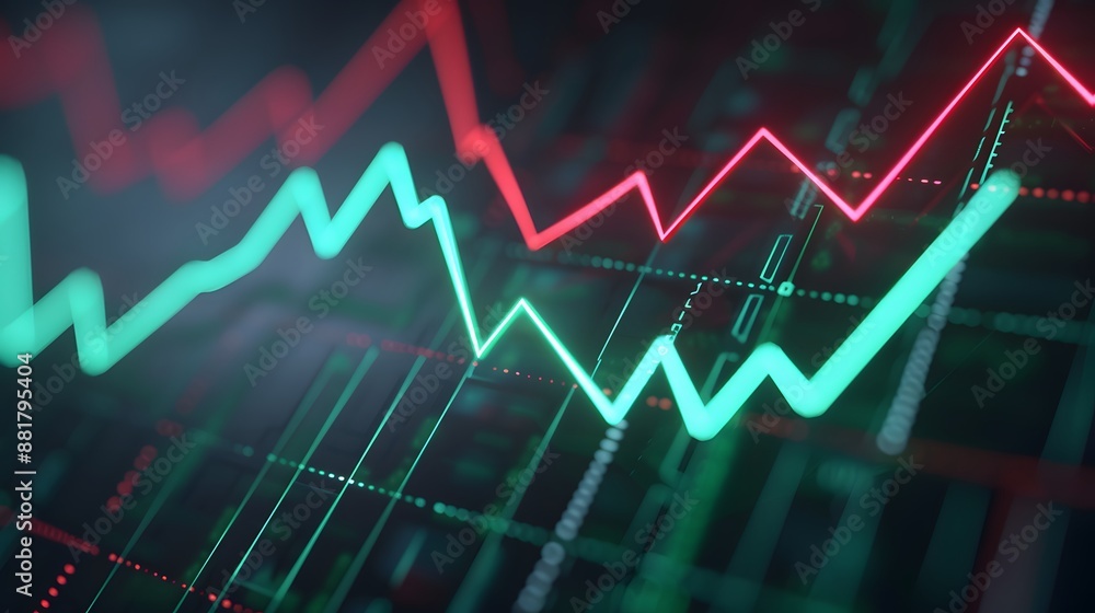 Poster dynamic financial market graph showing rising and falling trends on a digital screen, representing s