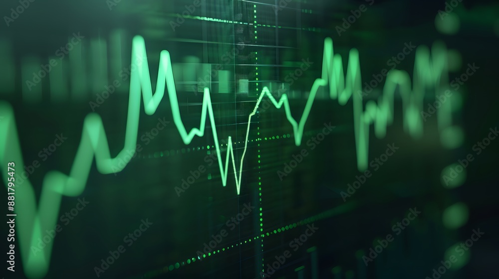 Poster dynamic green stock market chart showing fluctuation in data points, representing financial analysis