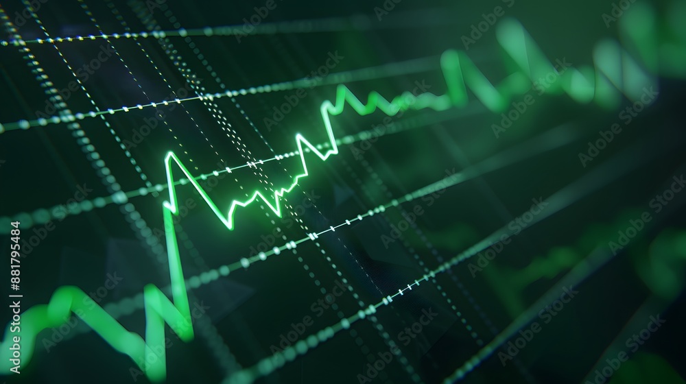Poster dynamic green line graph on a digital screen showing financial data and stock market trends. perfect