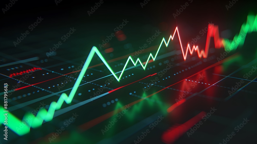 Poster dynamic stock market graph showcasing financial data trends and fluctuating investment values with g