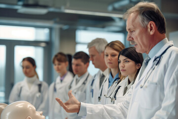 Fototapeta premium A group of medical students in white coats observing a senior doctor explaining medical procedures. Concept of medical education and training.