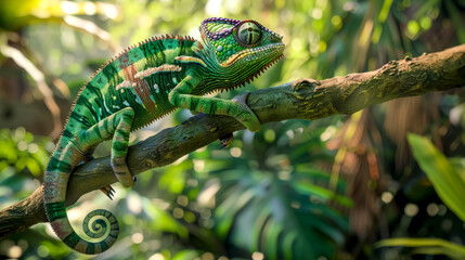 Green chameleon perched on branch in lush tropical jungle