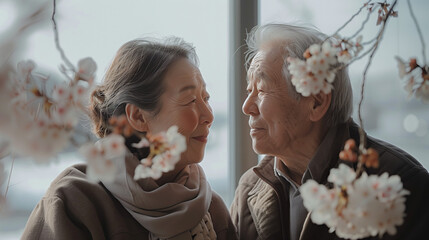 Elderly couple's anniversary celebration, emphasizing lifelong love against a light background.

