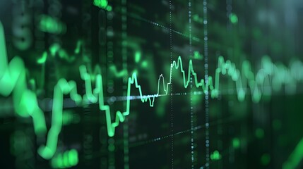 Fototapeta premium Green financial stock market graph displaying data trends and fluctuations, representing economic growth and investment opportunities. Abstract blur background.