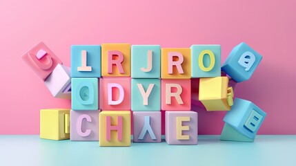 Playful pastel 3D alphabet blocks scattered against a pink background