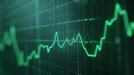 Green financial stock market graph on a dark background, representing trading, investment, data analysis, and economic trends. Abstract blur background.
