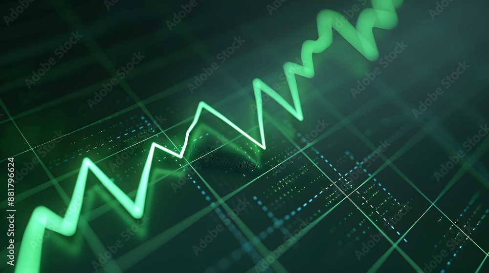 Poster green graph line depicting financial growth with data points over grid background, representing busi