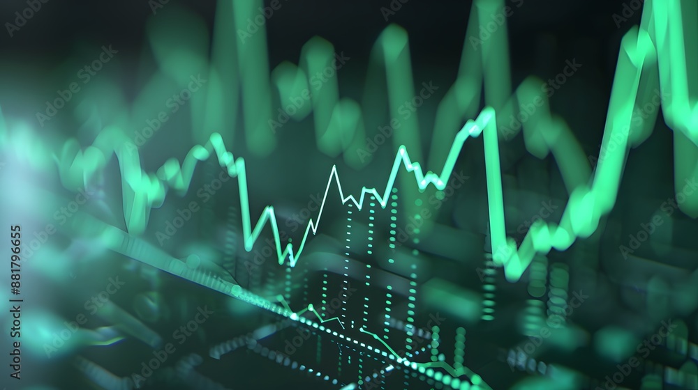 Poster green line chart depicting financial data and stock market trends with a blurred background, showing