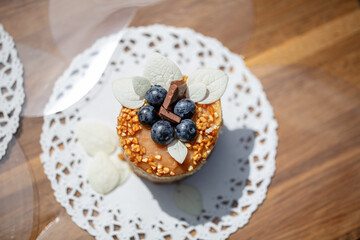 Piece of delicious cheesecake with caramel 