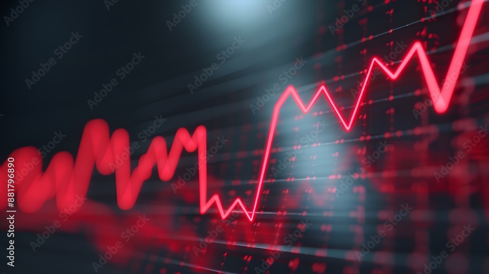 Poster red financial chart displaying stock market fluctuations and data analysis trends on a dark backgrou