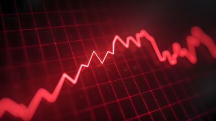 Red decline graph on black background representing financial loss or stock market downturn with grid pattern. Close-up view of a falling trend line. Abstract blur background.