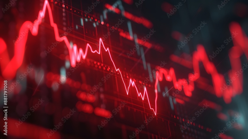 Poster red financial graph depicting a market decline, highlighting economic volatility and stock performan