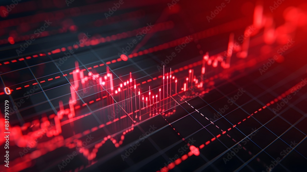 Poster red financial graph on a dark background, representing stock market data and digital financial trans