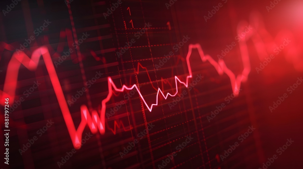 Poster red financial graph with fluctuating line representing stock market trends and investment risks in a