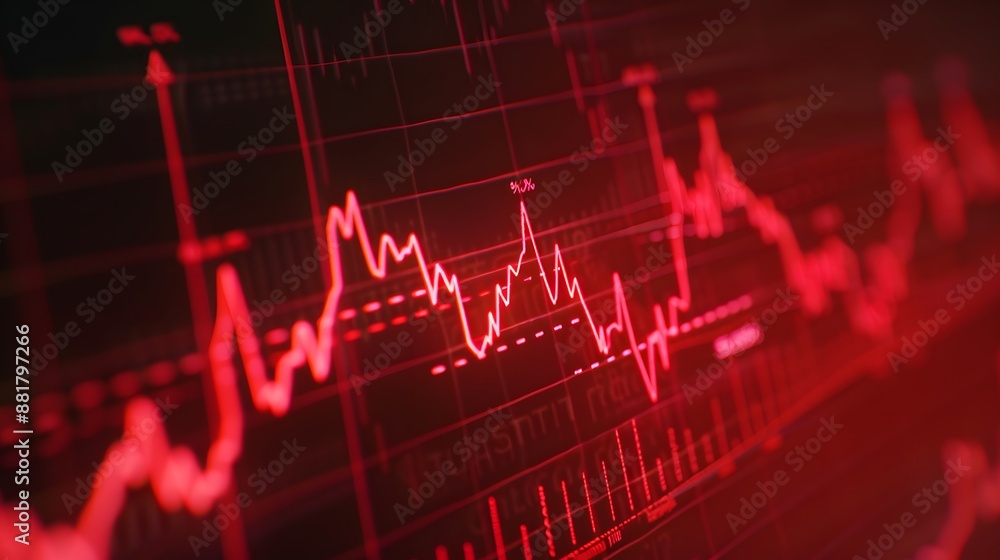 Poster red financial trading chart showing stock market data and trends, visualizing economic fluctuations 