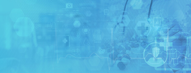 a medical background filled with healthcare icons, data visualizations, and a digital overlay.