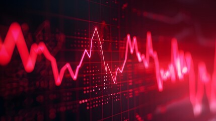 Obraz premium Red financial graph with fluctuating line indicating market trends and economic volatility on a dark background. Abstract blur background.