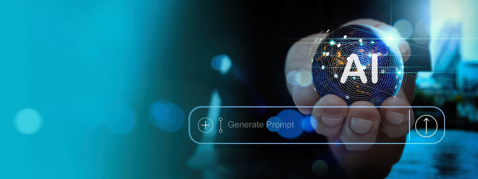AI Technology Concept with Hand Holding Digital Globe - Powered by Adobe