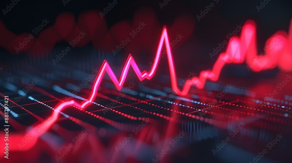 Poster red line graph on a digital screen depicting market trends and economic data analysis in a dark back