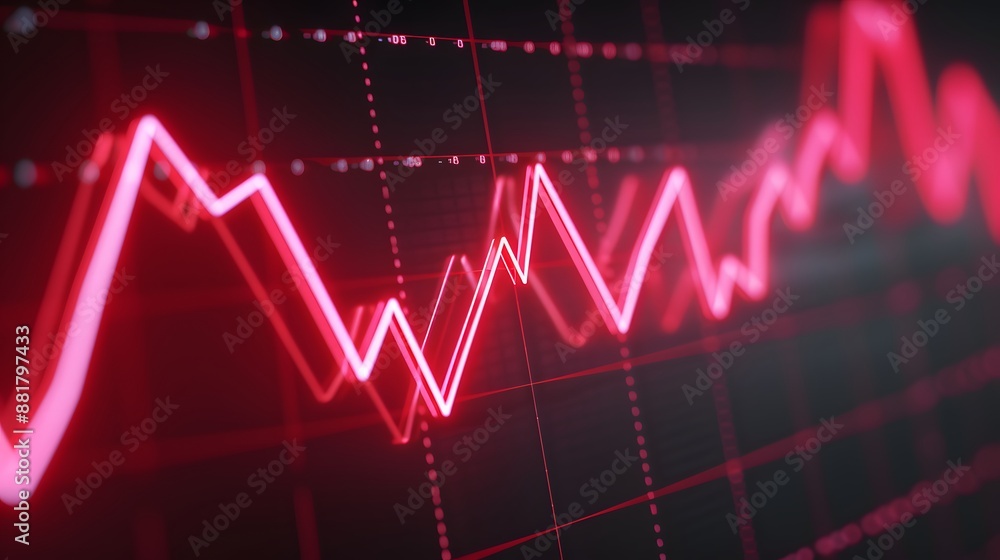 Poster red line graph showing data fluctuations and trends on a black background, representing financial ma