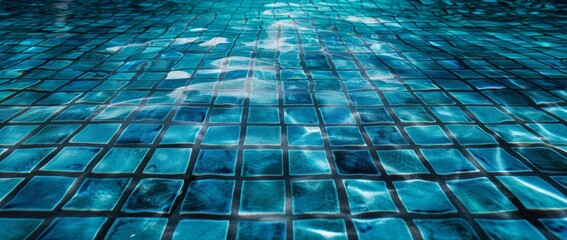Obraz premium A blue mosaic ceramic tiles swimming pool capturing the tranquil ripples of water, with ample copy space available.