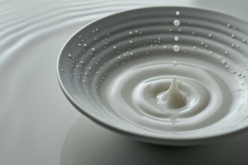 A single milk drop falls into a shallow dish, creating intricate ripples and textures