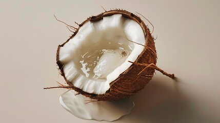 Coconut split open with creamy liquid flowing out