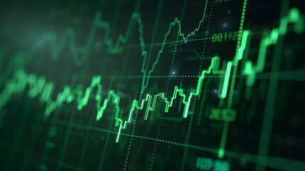 Obraz premium Stock market data displayed as a green line graph with candlestick patterns indicating financial trends and data analysis. Abstract blur background.