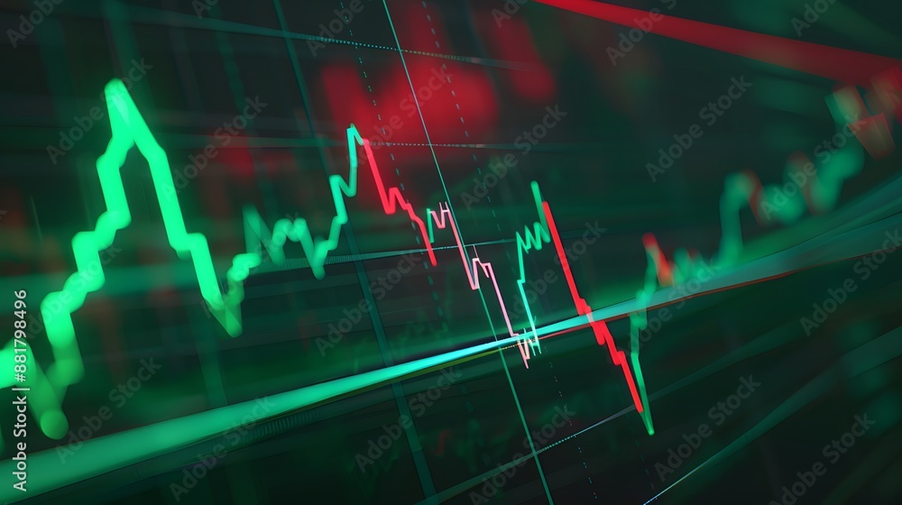 Poster stock market financial data on a screen showing green and red price trends with complex graph lines 