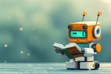 Fototapeta premium Cute robot sitting and reading a book about artificial intelligence