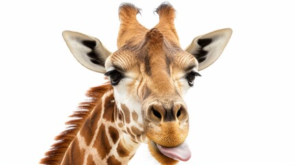 Obraz premium A giraffe is licking its tongue. The giraffe is looking at the camera