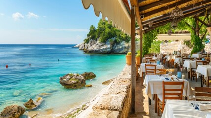 Fototapeta premium Beachfront restaurant with a scenic view of lush green trees, rocks, and pristine blue water. Ideal for travel and tourism. Casual dining setting suitable for leisure. Captured in vivid colors. AI