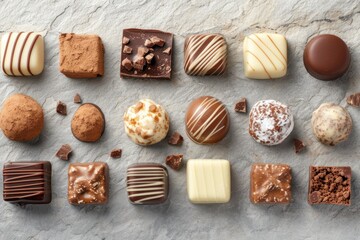Fototapeta premium Variety of delicious chocolate pralines lying on a stone countertop