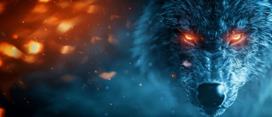 Fototapeta premium A dramatic portrayal of a fierce wolf with glowing eyes in a fiery and smoky background, showcasing the raw power and mystique of wildlife.
