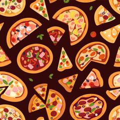 Endless background with whole, pieces of different pizza. Repeatable pattern of traditional Italian food. Backdrop with pepperoni, margarita triangle slices. Flat seamless vector illustration