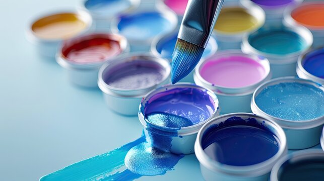 Close-up of a paintbrush dripping blue paint into an open paint can.