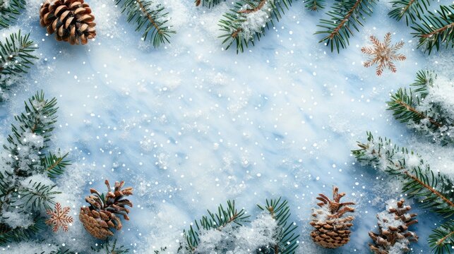 Festive Christmas border with pine cone snowflake and snow background for text placement