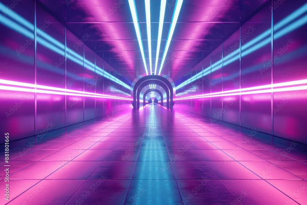 Wall mural futuristic tunnel glowing with vibrant purple and blue neon lights reflecting on the ground