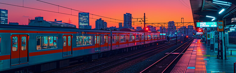 Naklejka premium Vibrant Evening Train Station in Urban Cityscape with Bright Lights and Colorful Sunset