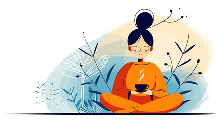 Woman in orange clothes meditates in nature, holding a cup of hot beverage.