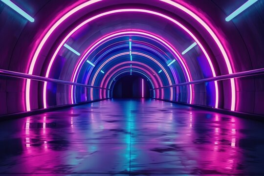 Fototapeta Futuristic tunnel glowing with vibrant purple and blue neon lights reflecting on the ground